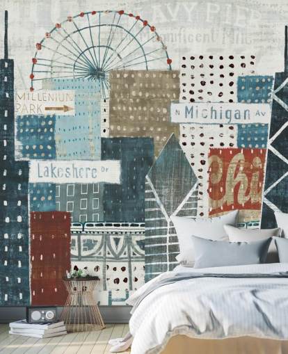 mural de papel pintado con horizonte azul y blanco llamado Hey Chicago de Michael Mullan para hogares, oficinas y negocios mural de papel pintado con horizonte azul y blanco llamado Hey Chicago de Michael Mullan para hogares, oficinas y negocios