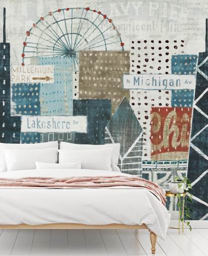 mural de papel pintado con horizonte azul y blanco llamado Hey Chicago de Michael Mullan para hogares, oficinas y negocios
