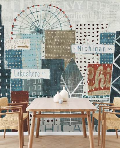 blue and white skyline wallpaper mural called Hey Chicago by Michael Mullan for homes, offices and businesses blue and white skyline wallpaper mural called Hey Chicago by Michael Mullan for homes, offices and businesses