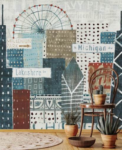 mural de papel pintado con horizonte azul y blanco llamado Hey Chicago de Michael Mullan para hogares, oficinas y negocios