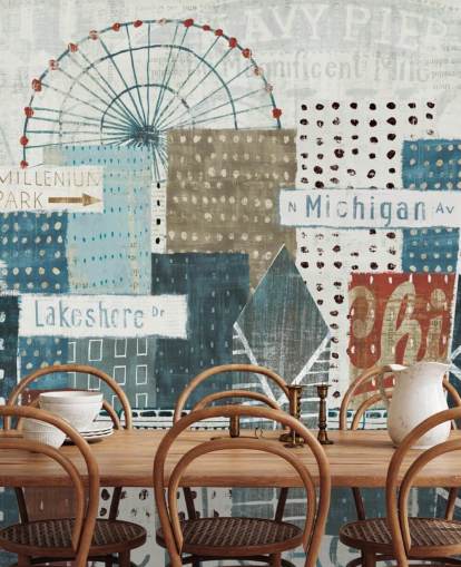 mural de papel pintado con horizonte azul y blanco llamado Hey Chicago de Michael Mullan para hogares, oficinas y negocios mural de papel pintado con horizonte azul y blanco llamado Hey Chicago de Michael Mullan para hogares, oficinas y negocios