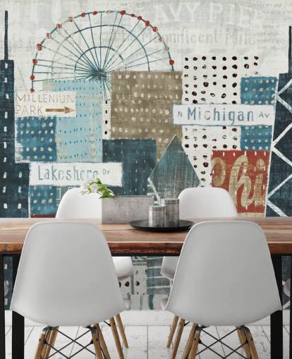 mural de papel pintado con horizonte azul y blanco llamado Hey Chicago de Michael Mullan para hogares, oficinas y negocios