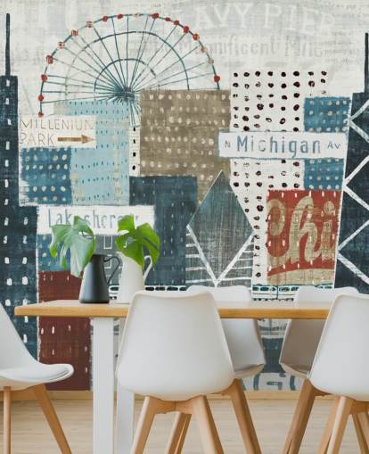 blue and white skyline wallpaper mural called Hey Chicago by Michael Mullan for homes, offices and businesses blue and white skyline wallpaper mural called Hey Chicago by Michael Mullan for homes, offices and businesses