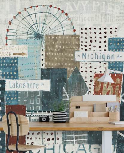 mural de papel pintado con horizonte azul y blanco llamado Hey Chicago de Michael Mullan para hogares, oficinas y negocios