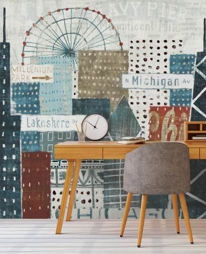 blue and white skyline wallpaper mural called Hey Chicago by Michael Mullan for homes, offices and businesses