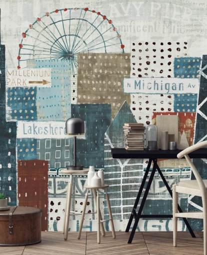 blå och vit skyline tapetväggmålning kallad Hey Chicago av Michael Mullan för hem, kontor och företag