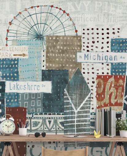 blå och vit skyline tapetväggmålning kallad Hey Chicago av Michael Mullan för hem, kontor och företag blå och vit skyline tapetväggmålning kallad Hey Chicago av Michael Mullan för hem, kontor och företag