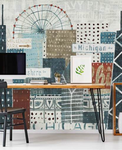papier peint mural bleu et blanc appelé Hey Chicago par Michael Mullan pour les maisons, les bureaux et les entreprises