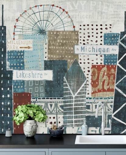 blue and white skyline wallpaper mural called Hey Chicago by Michael Mullan for homes, offices and businesses