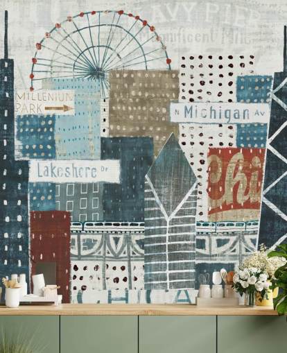 blue and white skyline wallpaper mural called Hey Chicago by Michael Mullan for homes, offices and businesses blue and white skyline wallpaper mural called Hey Chicago by Michael Mullan for homes, offices and businesses