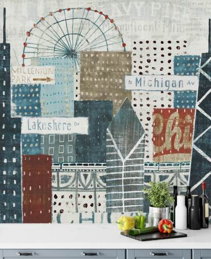 blue and white skyline wallpaper mural called Hey Chicago by Michael Mullan for homes, offices and businesses