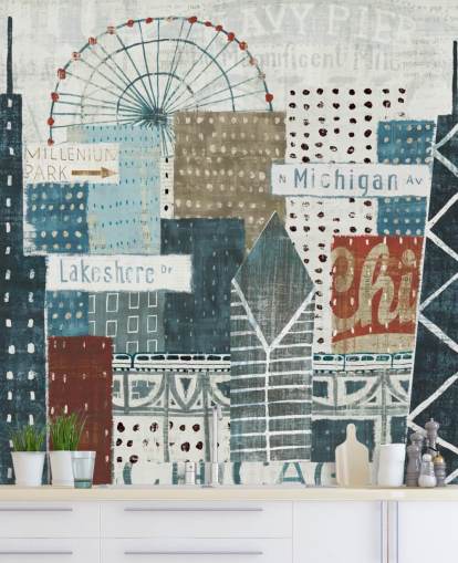 mural de papel pintado con horizonte azul y blanco llamado Hey Chicago de Michael Mullan para hogares, oficinas y negocios