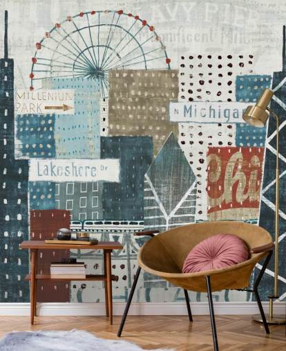 blue and white skyline wallpaper mural called Hey Chicago by Michael Mullan for homes, offices and businesses