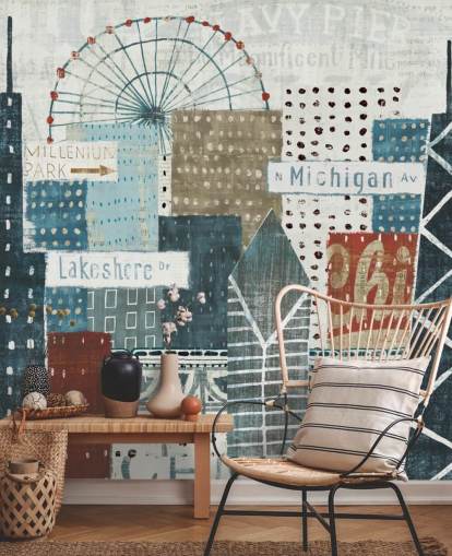 blue and white skyline wallpaper mural called Hey Chicago by Michael Mullan for homes, offices and businesses blue and white skyline wallpaper mural called Hey Chicago by Michael Mullan for homes, offices and businesses