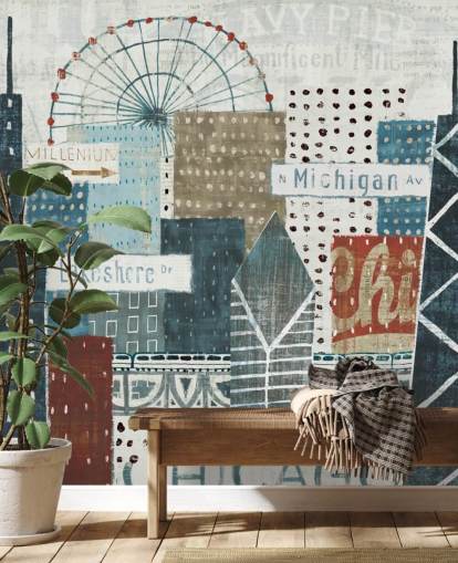 blue and white skyline wallpaper mural called Hey Chicago by Michael Mullan for homes, offices and businesses