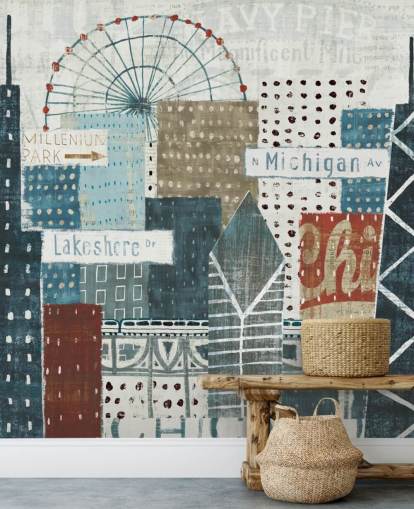 blue and white skyline wallpaper mural called Hey Chicago by Michael Mullan for homes, offices and businesses