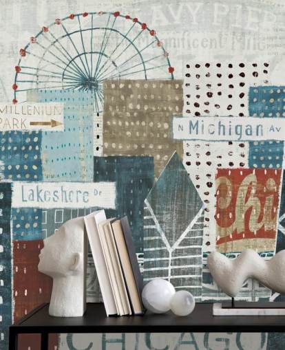 mural de papel pintado con horizonte azul y blanco llamado Hey Chicago de Michael Mullan para hogares, oficinas y negocios