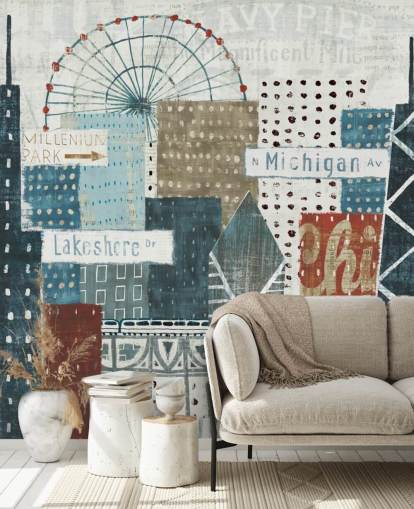 blue and white skyline wallpaper mural called Hey Chicago by Michael Mullan for homes, offices and businesses