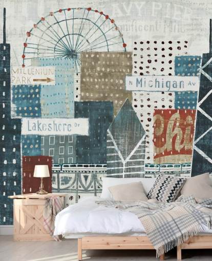 Blau-weiße Skyline-Wandtapete namens Hey Chicago von Michael Mullan für Häuser, Büros und Unternehmen Blau-weiße Skyline-Wandtapete namens Hey Chicago von Michael Mullan für Häuser, Büros und Unternehmen