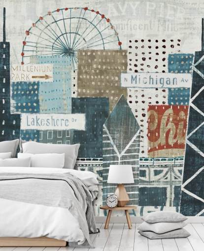 blue and white skyline wallpaper mural called Hey Chicago by Michael Mullan for homes, offices and businesses