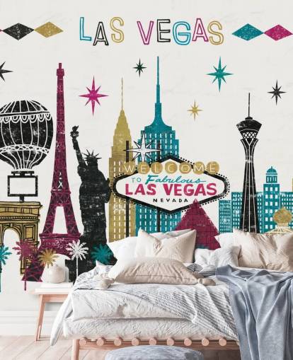 mustard, burgundy, teal and black abstract of las vegas wallpaper