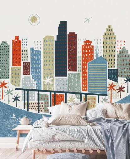 röd, blå och vit stadsbild abstrakt av Miami tapeter
