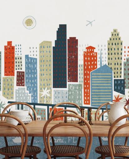 resumo da paisagem urbana vermelha, azul e branca de Miami papel de parede