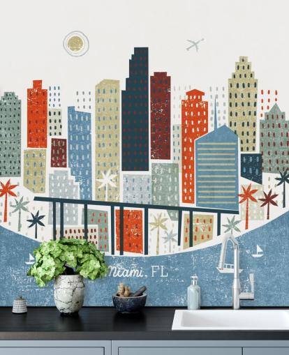 red, blue and white cityscape abstract of Miami wallpaper