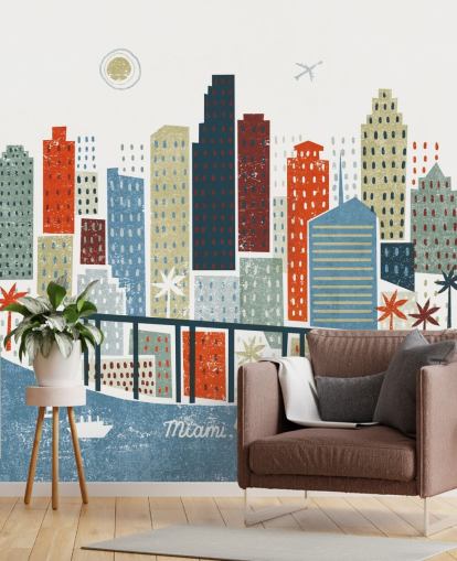 röd, blå och vit stadsbild abstrakt av Miami tapeter röd, blå och vit stadsbild abstrakt av Miami tapeter