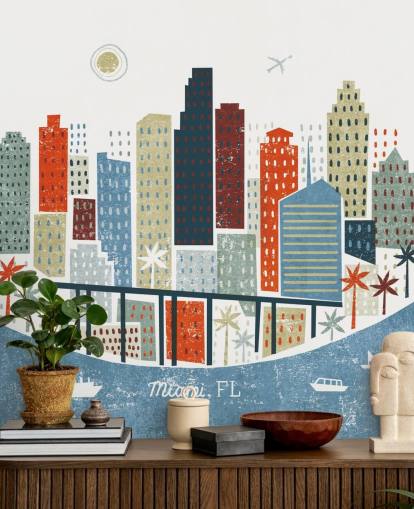 résumé de paysage urbain rouge, bleu et blanc de Miami papier peint