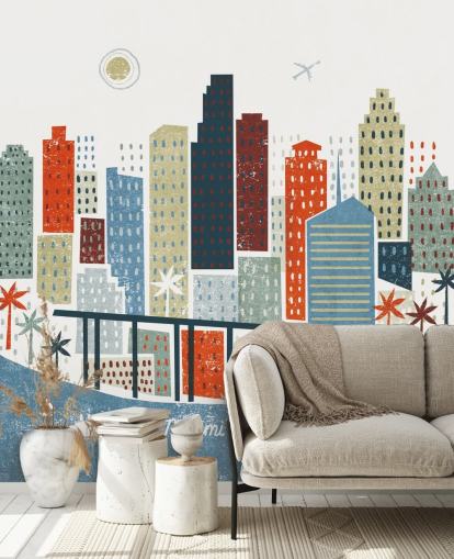 röd, blå och vit stadsbild abstrakt av Miami tapeter