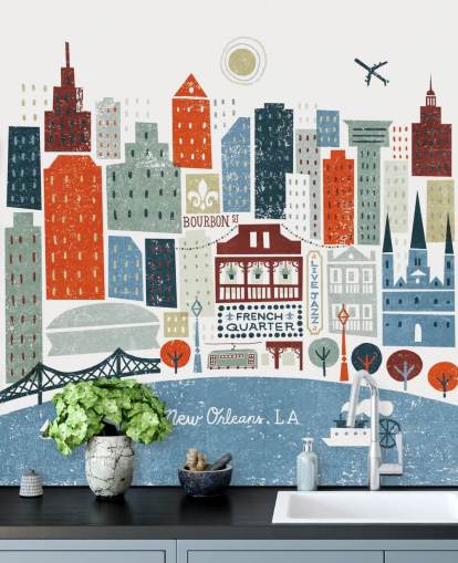 blue and red abstract cityscape of new orleans wallpaper