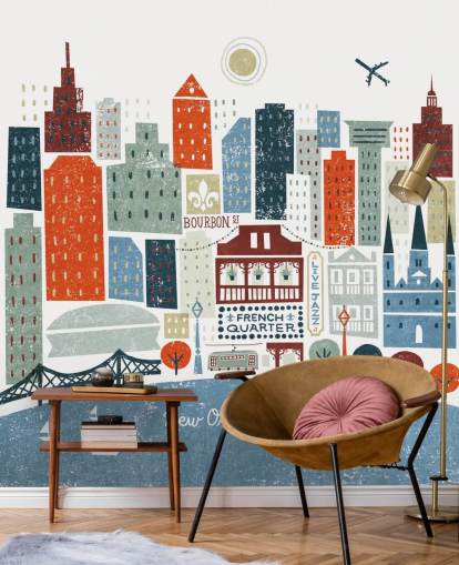 blue and red abstract cityscape of new orleans wallpaper