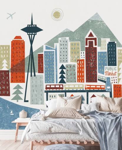carta da parati astratta città di Seattle bianco, rosso, marrone e blu