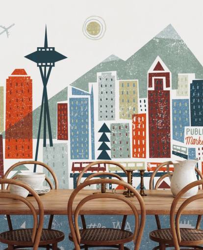 papier peint abstrait de la ville de Seattle blanc, rouge, marron et bleu papier peint abstrait de la ville de Seattle blanc, rouge, marron et bleu