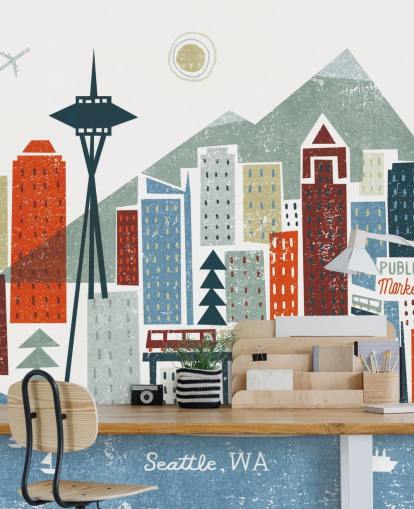 weiße, rote, kastanienbraune und blaue abstrakte Seattle City Tapete