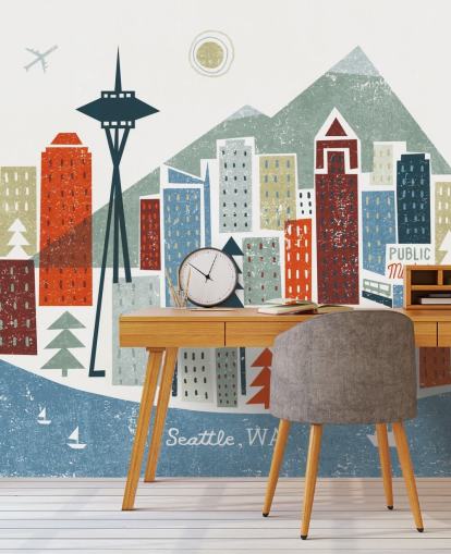 carta da parati astratta città di Seattle bianco, rosso, marrone e blu carta da parati astratta città di Seattle bianco, rosso, marrone e blu