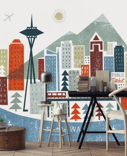 hvit, rød, rødbrun og blå abstrakt seattle city tapet