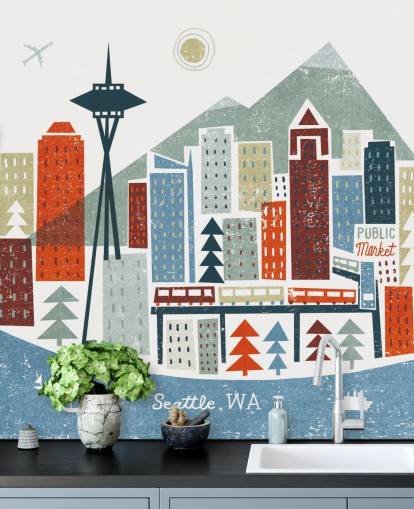 hvid, rød, rødbrun og blå abstrakt Seattle city tapet