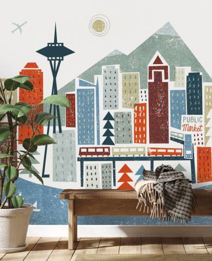 hvid, rød, rødbrun og blå abstrakt Seattle city tapet