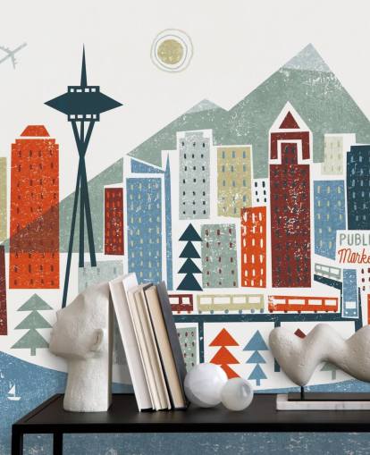 valkoinen, punainen, kastanjanruskea ja sininen abstrakti seattle kaupunki tapetti