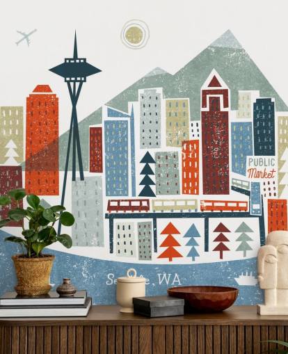 carta da parati astratta città di Seattle bianco, rosso, marrone e blu