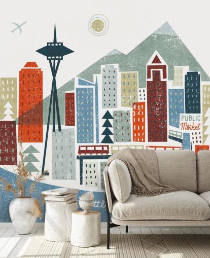 weiße, rote, kastanienbraune und blaue abstrakte Seattle City Tapete