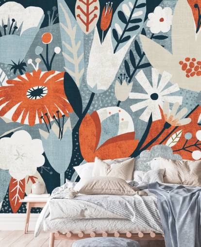 Papel pintado floral rojo, azul y blanco