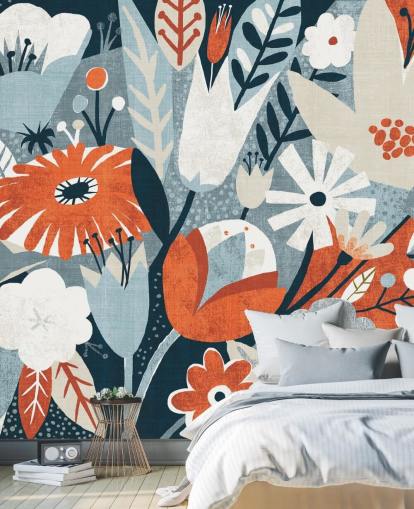 Rood, blauw en wit bloemenbehang