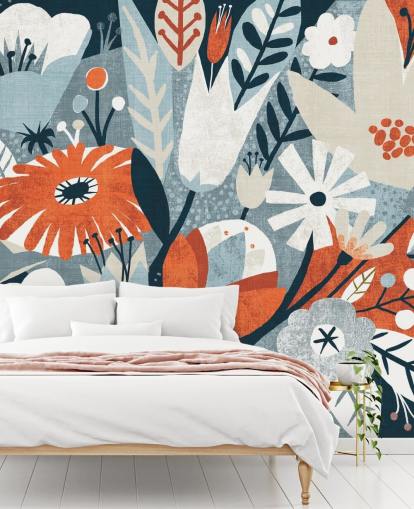 Papier Peint Floral Rouge, Bleu et Blanc