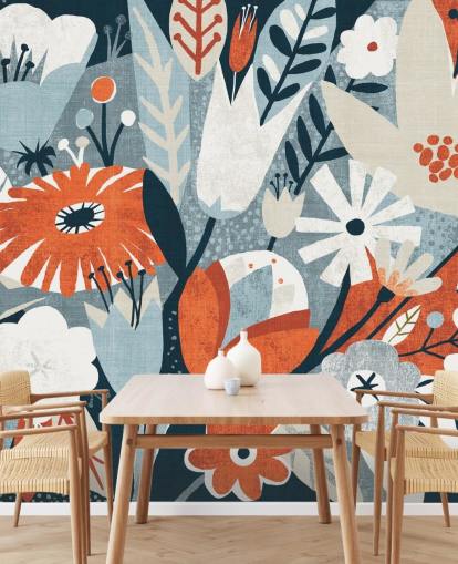 Red, Blue and White Floral Wallpaper