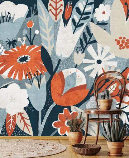 Red, Blue and White Floral Wallpaper