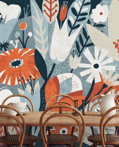 Papier Peint Floral Rouge, Bleu et Blanc