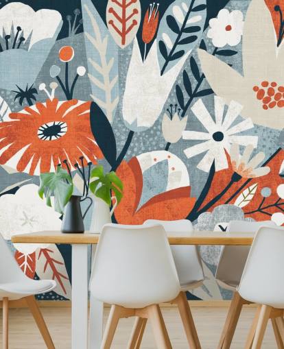 Red, Blue and White Floral Wallpaper